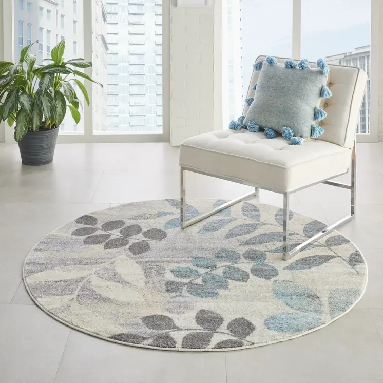 8' Ivory Gray And Blue Botanical Leaves Round Rug