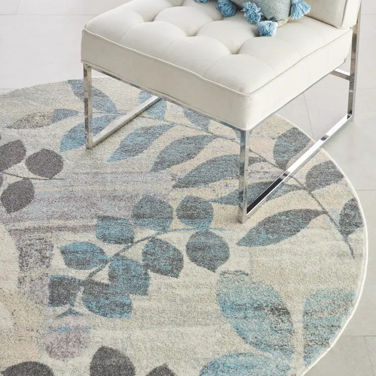 8' Ivory Gray And Blue Botanical Leaves Round Rug