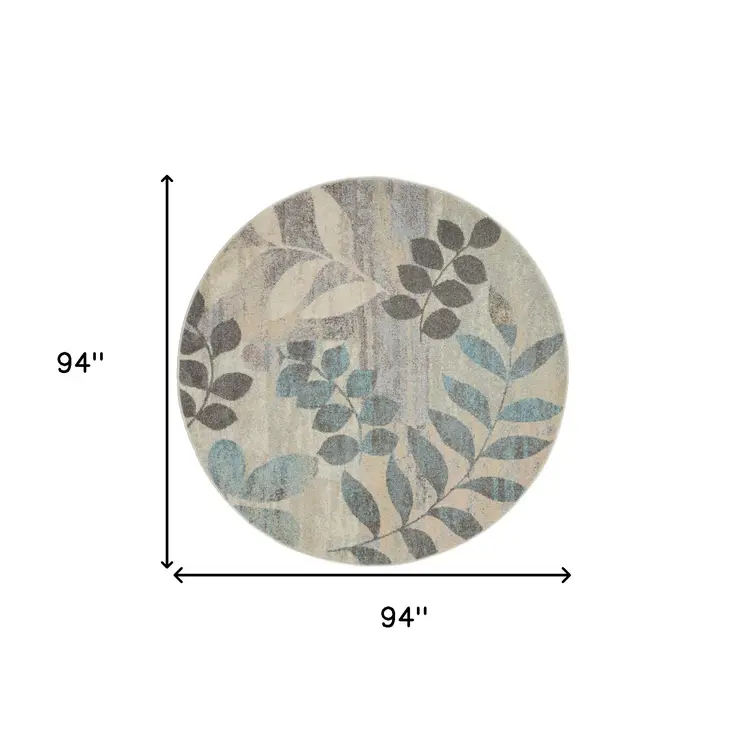 8' Ivory Gray And Blue Botanical Leaves Round Rug