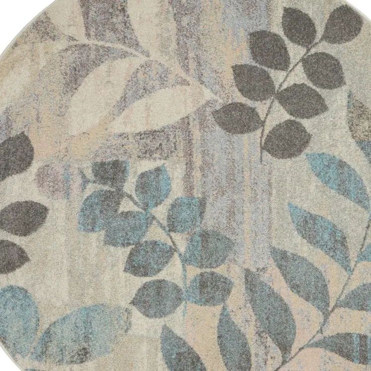 8' Ivory Gray And Blue Botanical Leaves Round Rug