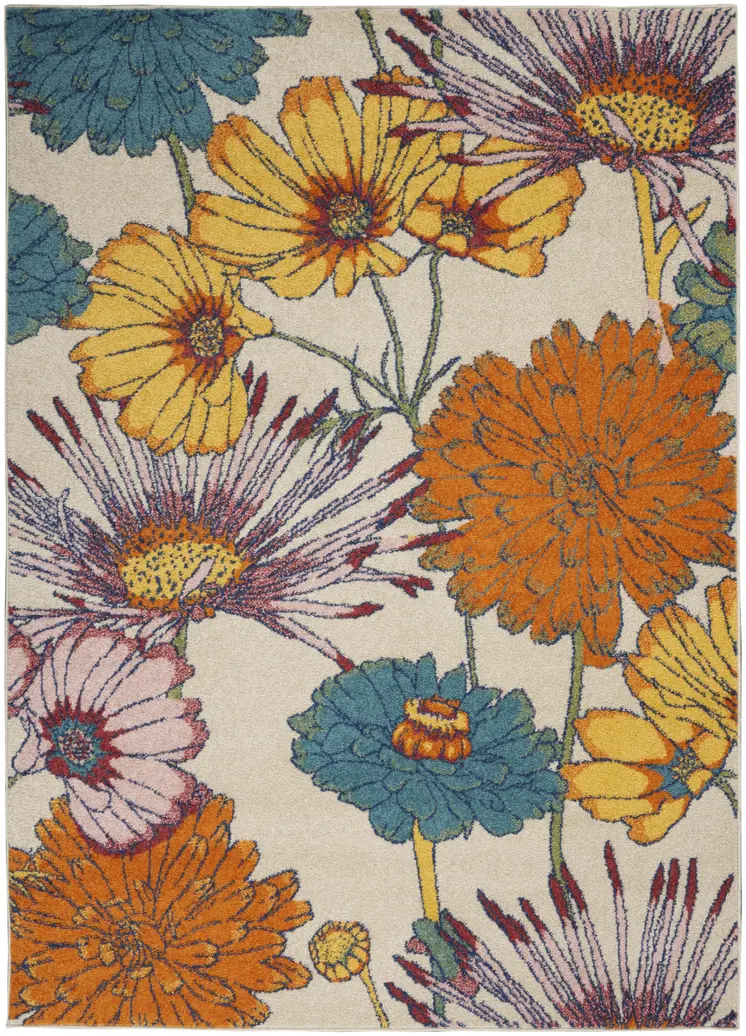 5' X 7' Cream Floral Power Loom Area Rug