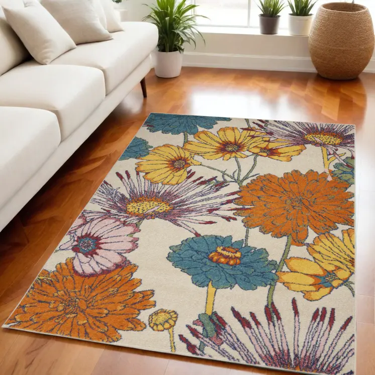 5' X 7' Cream Floral Power Loom Area Rug