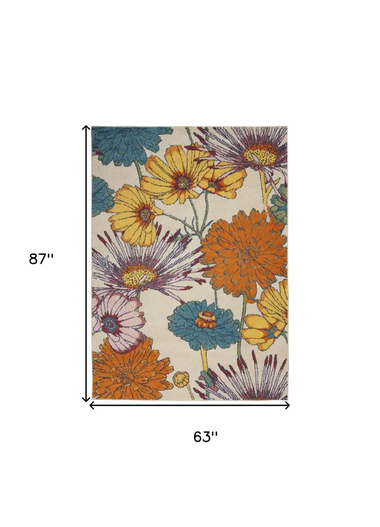 5' X 7' Cream Floral Power Loom Area Rug