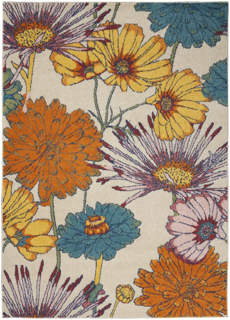 5' X 7' Cream Floral Power Loom Area Rug