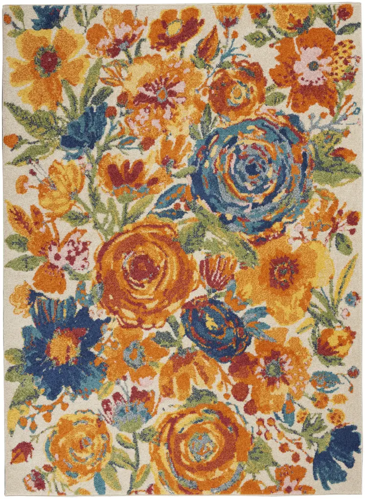 5' X 7' Cream Floral Power Loom Area Rug