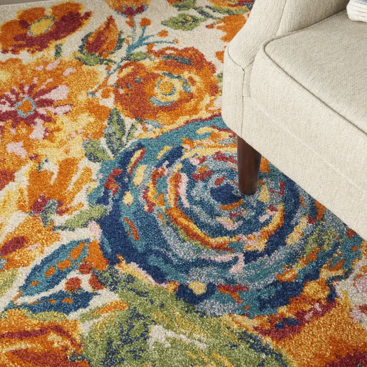 5' X 7' Cream Floral Power Loom Area Rug