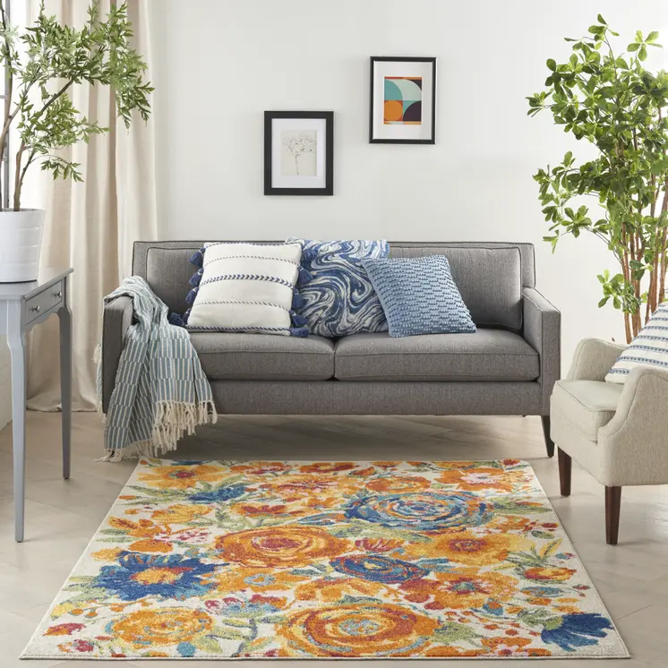 5' X 7' Cream Floral Power Loom Area Rug