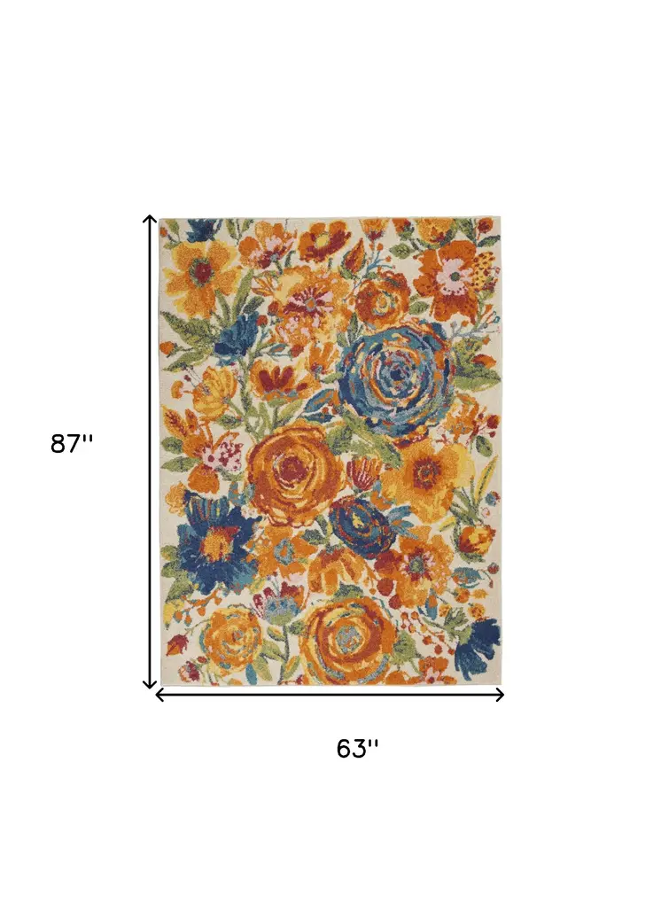 5' X 7' Cream Floral Power Loom Area Rug
