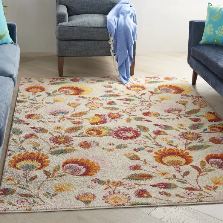 5' X 7' Cream Floral Power Loom Area Rug