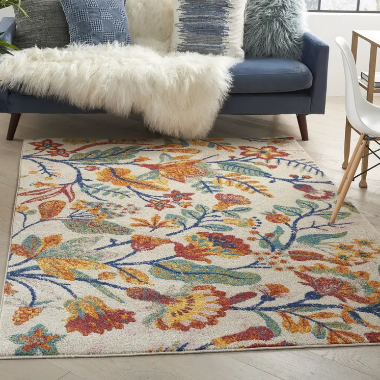 5' X 7' Cream Floral Power Loom Area Rug