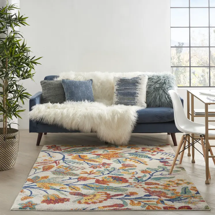 5' X 7' Cream Floral Power Loom Area Rug