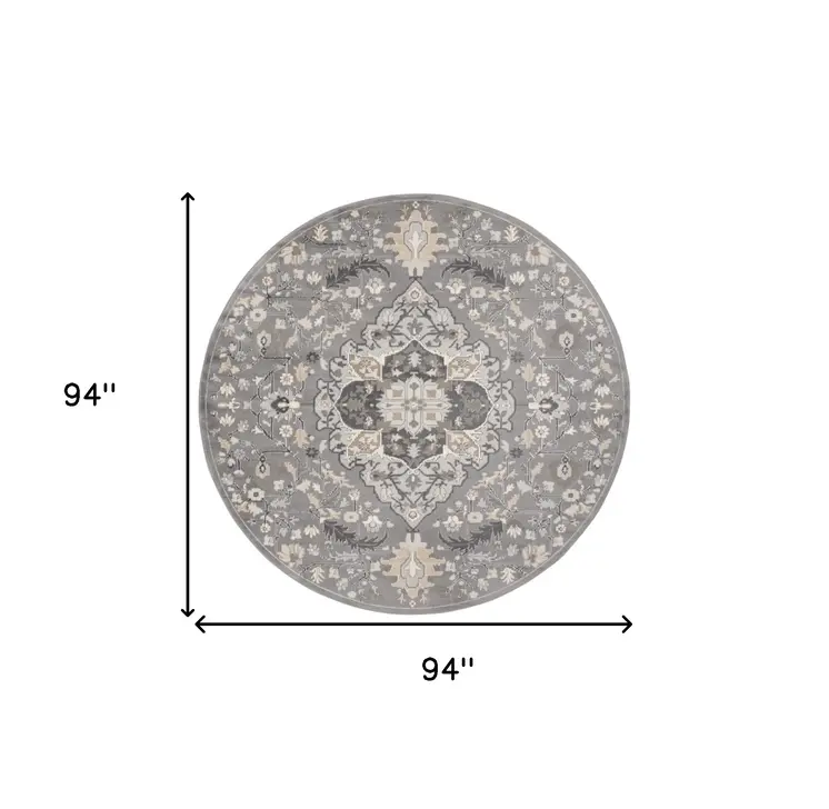 8' Ivory Black and Gray Floral Medallion Non Skid Round Rug