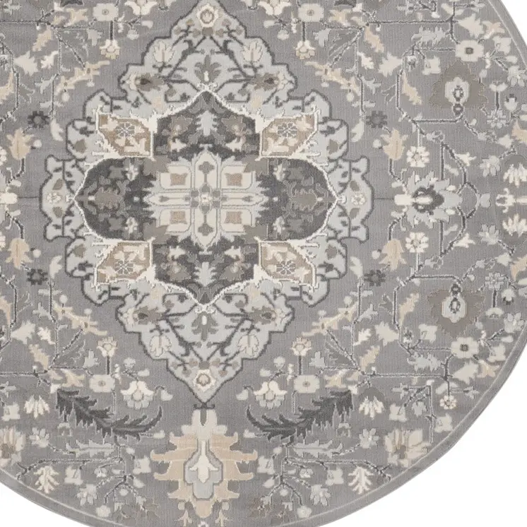 8' Ivory Black and Gray Floral Medallion Non Skid Round Rug