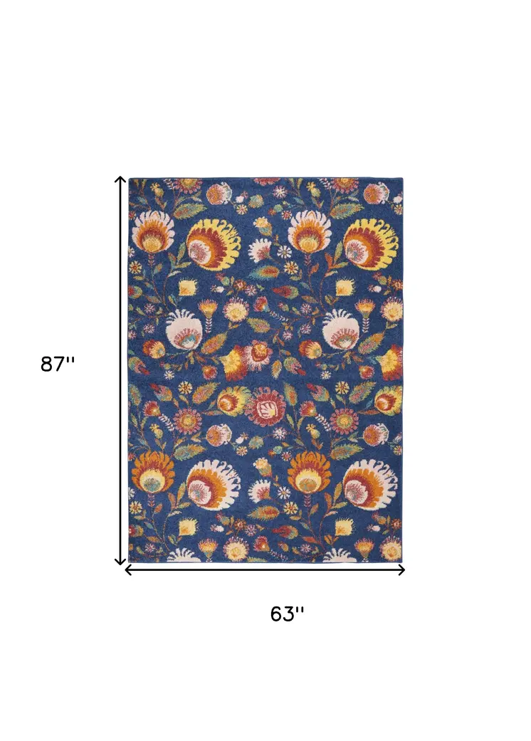 5' X 7' Blue and Yellow Floral Power Loom Area Rug