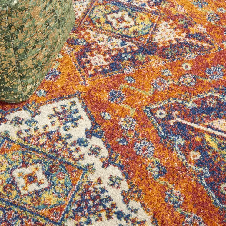 5' X 7' Ivory Blue and Orange Geometric Power Loom Area Rug