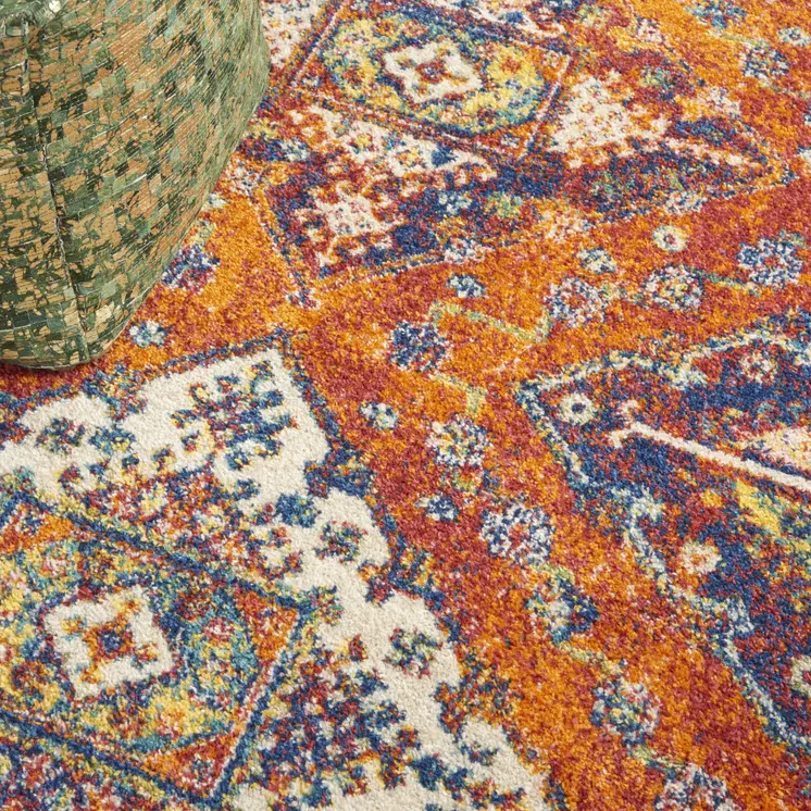 5' X 7' Ivory Blue and Orange Geometric Power Loom Area Rug