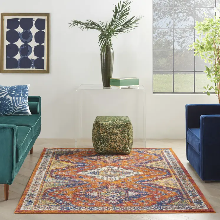 5' X 7' Ivory Blue and Orange Geometric Power Loom Area Rug