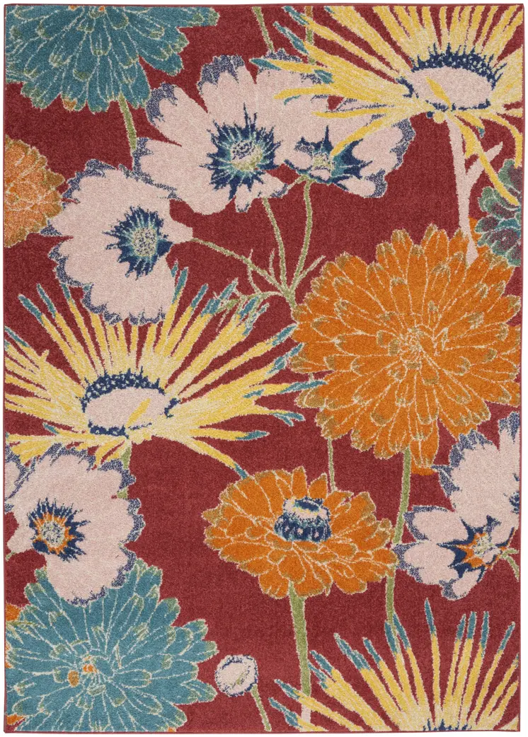 5' X 7' Orange and Red Floral Power Loom Area Rug