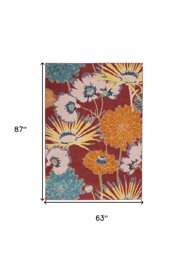 5' X 7' Orange and Red Floral Power Loom Area Rug