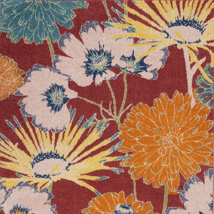 5' X 7' Orange and Red Floral Power Loom Area Rug