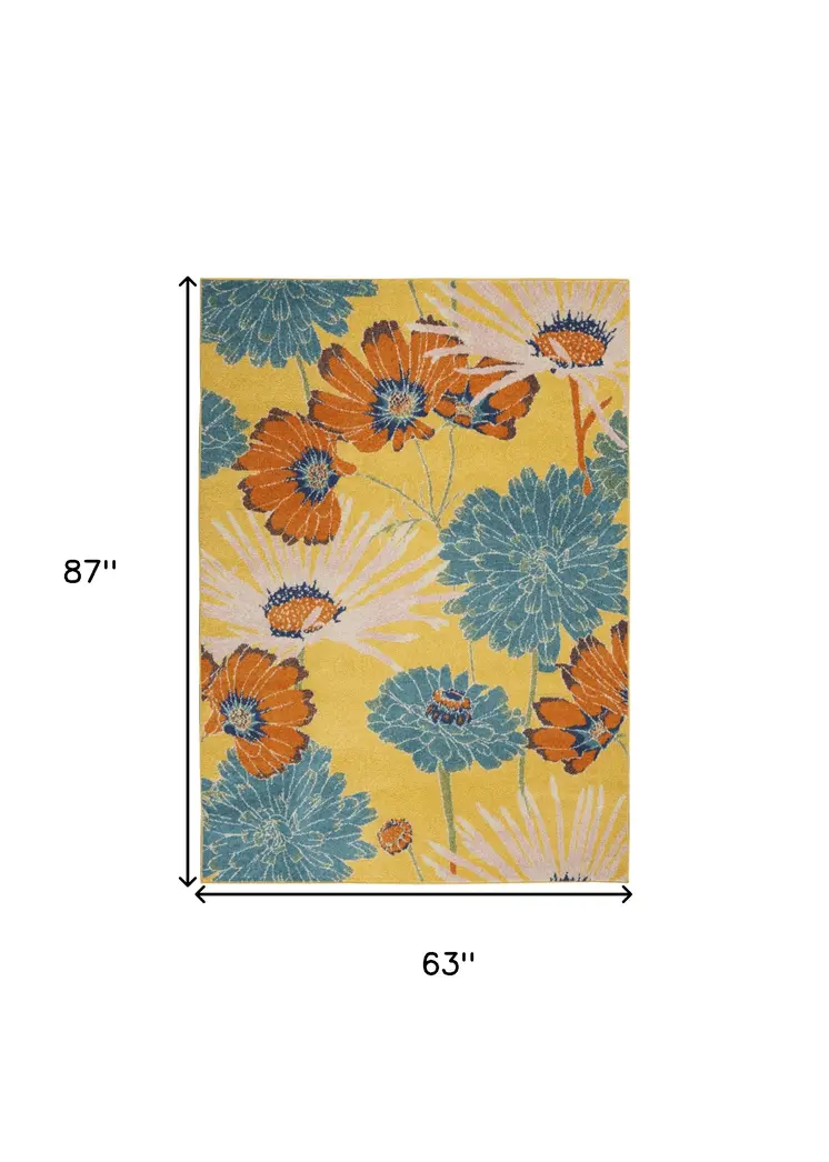 5' X 7' Yellow Floral Power Loom Area Rug