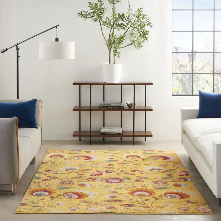 5' X 7' Yellow Floral Power Loom Area Rug
