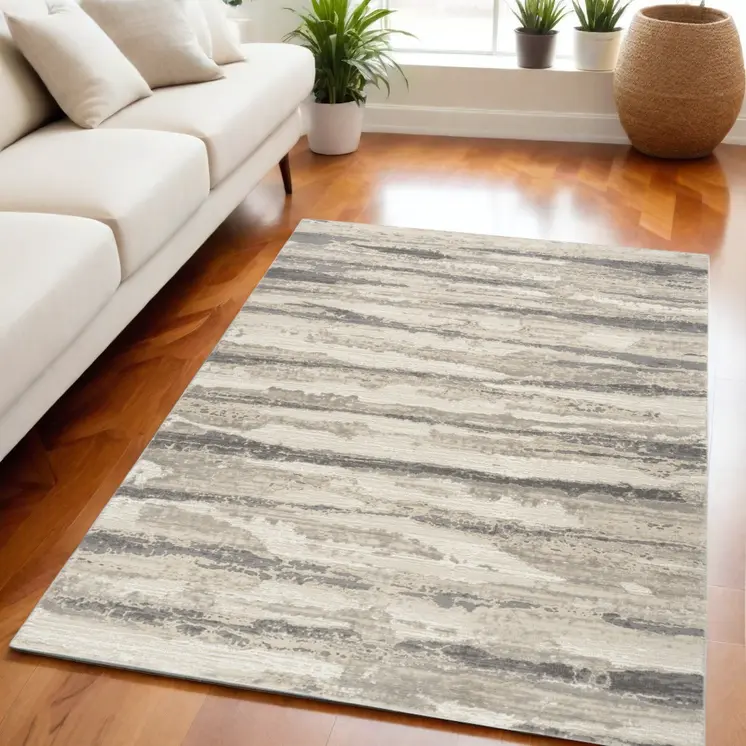 5' X 7' Ivory Beige and Gray Abstract Non Skid Area Rug