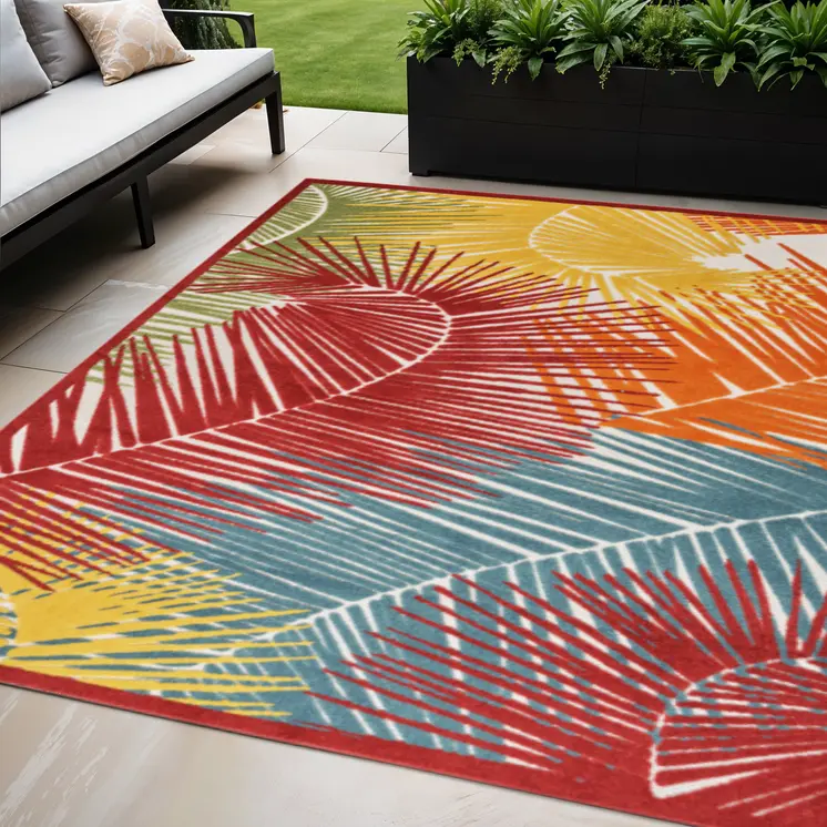 5' X 7' Orange Yellow Red Blue And Green Palm Leaf Indoor Outdoor Area Rug