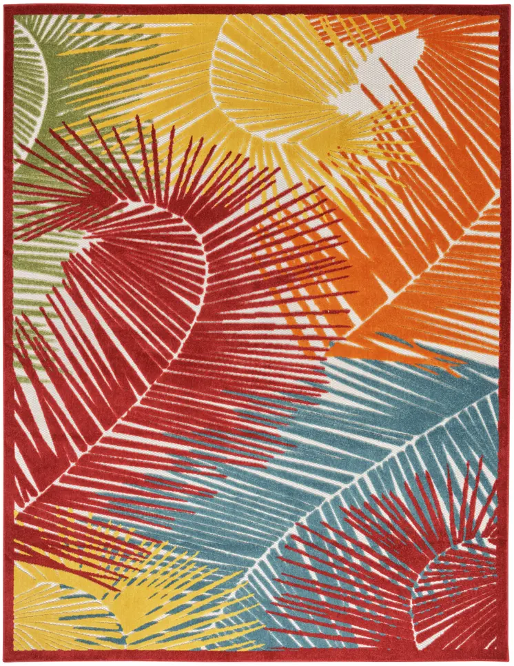 5' X 7' Orange Yellow Red Blue And Green Palm Leaf Indoor Outdoor Area Rug