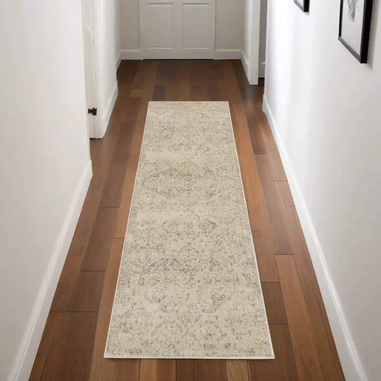 7' Beige And Gray Geometric Distressed Runner Rug