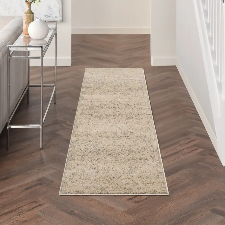 7' Beige And Gray Geometric Distressed Runner Rug