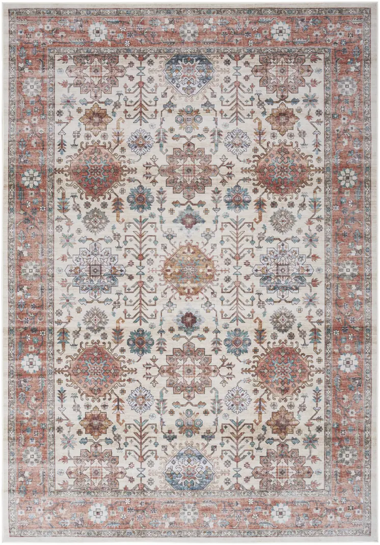 8' X 10' Ivory and Red Floral Distressed Non Skid Area Rug