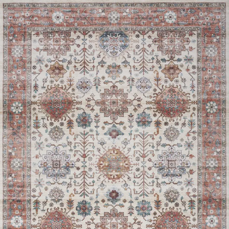 8' X 10' Ivory and Red Floral Distressed Non Skid Area Rug