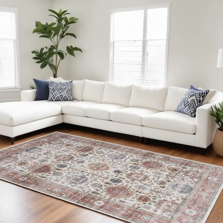 8' X 10' Ivory and Red Floral Distressed Non Skid Area Rug