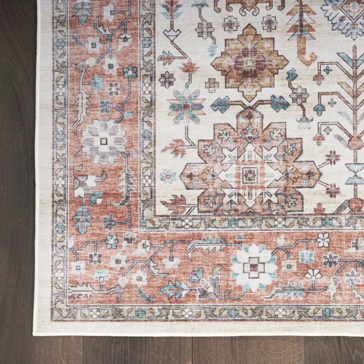 8' X 10' Ivory and Red Floral Distressed Non Skid Area Rug