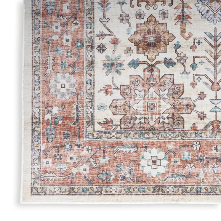 8' X 10' Ivory and Red Floral Distressed Non Skid Area Rug