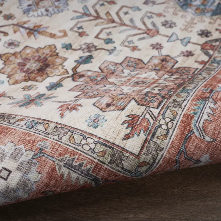8' X 10' Ivory and Red Floral Distressed Non Skid Area Rug