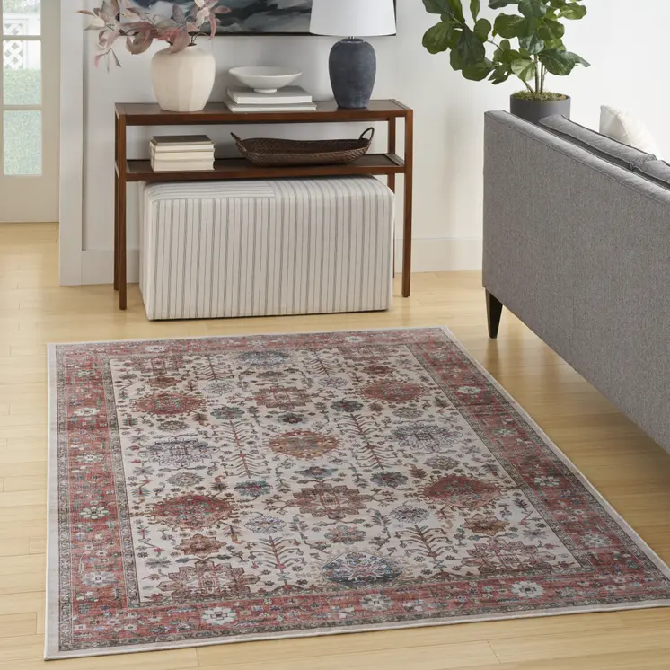 8' X 10' Ivory and Red Floral Distressed Non Skid Area Rug