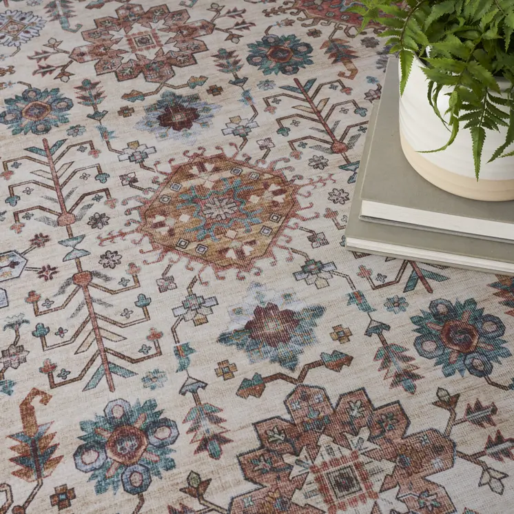 8' X 10' Ivory and Red Floral Distressed Non Skid Area Rug