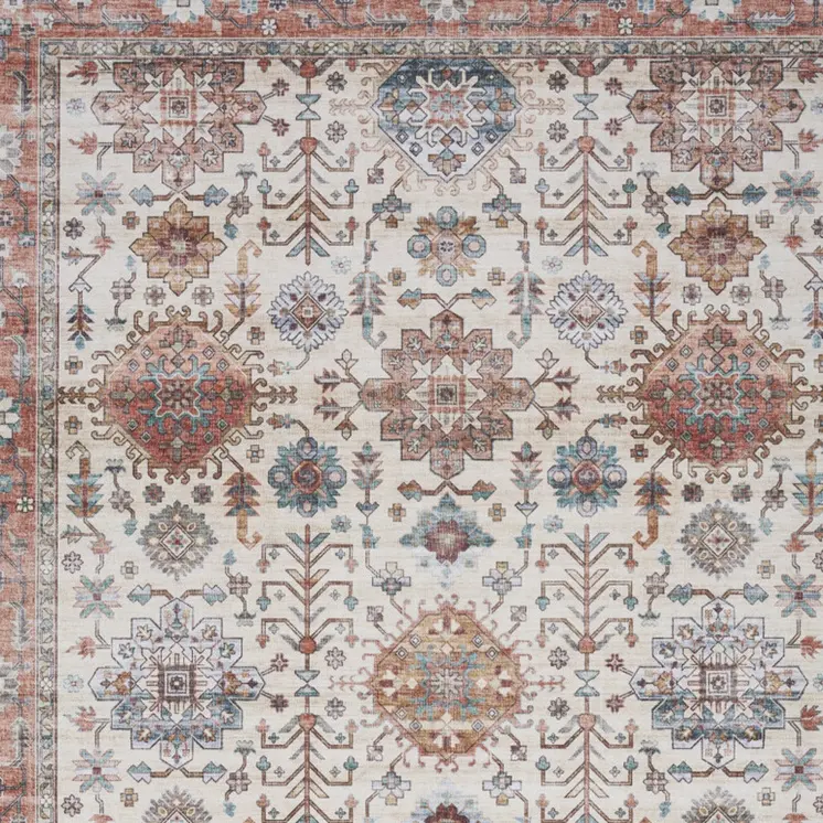 8' X 10' Ivory and Red Floral Distressed Non Skid Area Rug