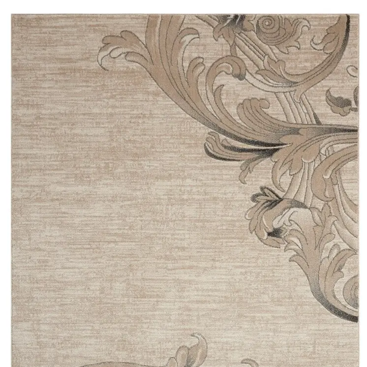 5' X 7' Tan Black and Ivory Damask Non Skid Area Rug