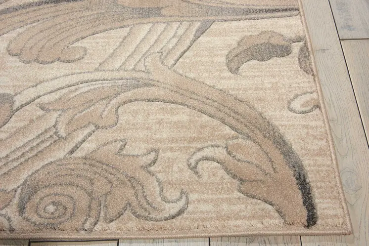 5' X 7' Tan Black and Ivory Damask Non Skid Area Rug