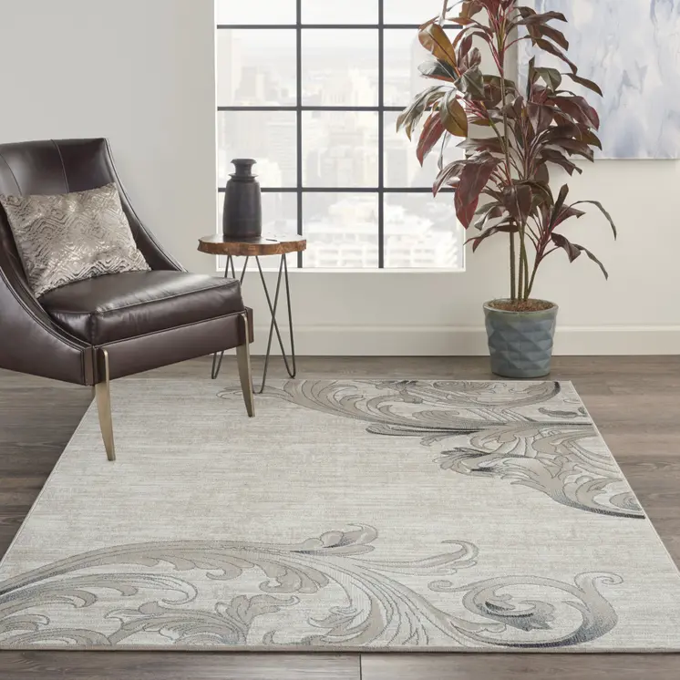5' X 7' Tan Black and Ivory Damask Non Skid Area Rug