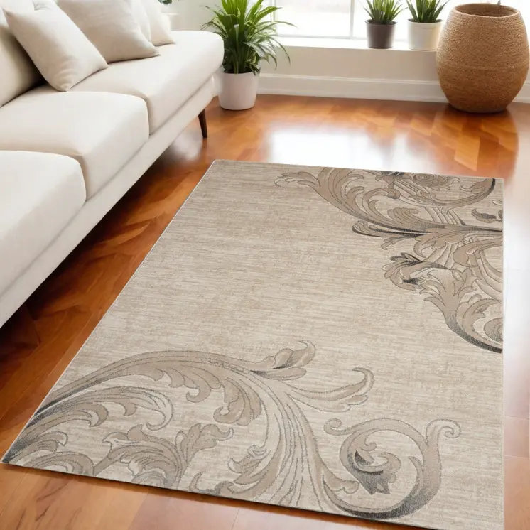5' X 7' Tan Black and Ivory Damask Non Skid Area Rug