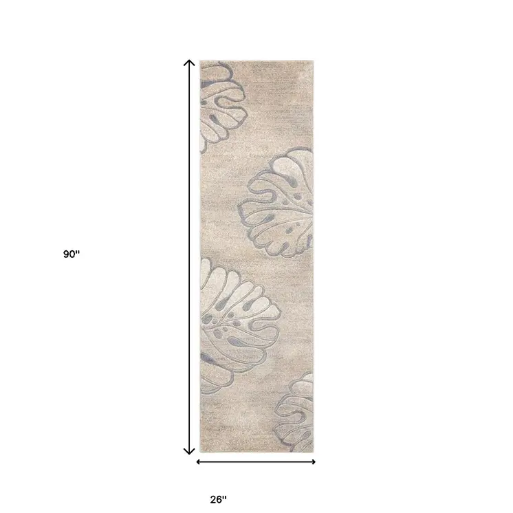 8' Beige and Gray Floral Non Skid Runner Rug