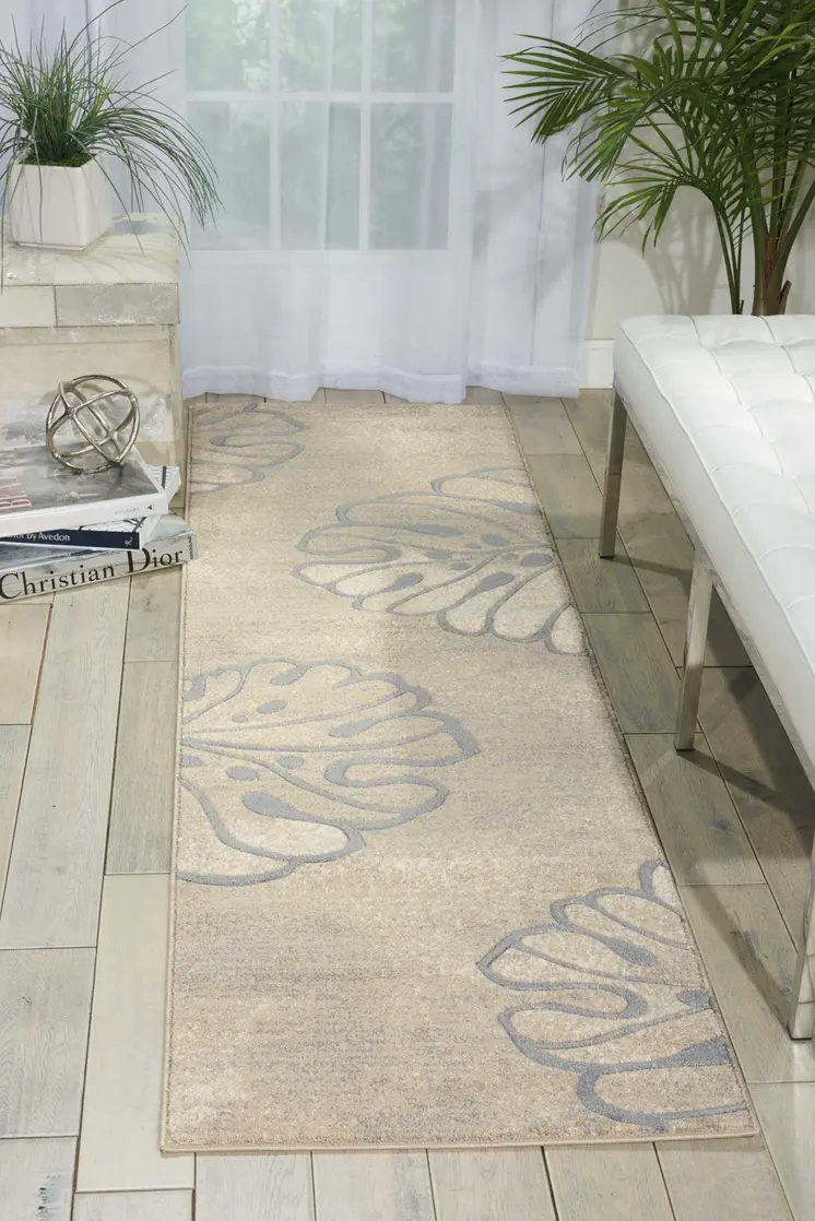 8' Beige and Gray Floral Non Skid Runner Rug