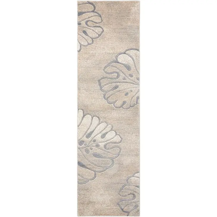8' Beige and Gray Floral Non Skid Runner Rug