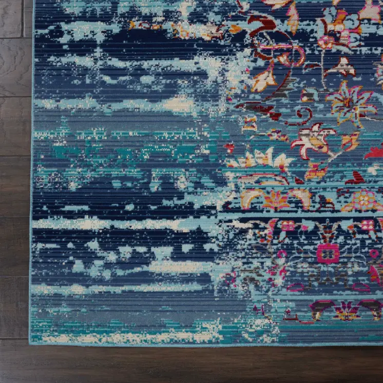 8' X 10' Blue Red And Orange Floral Distressed Non Skid Area Rug