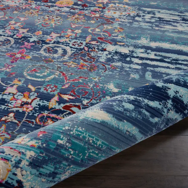 8' X 10' Blue Red And Orange Floral Distressed Non Skid Area Rug