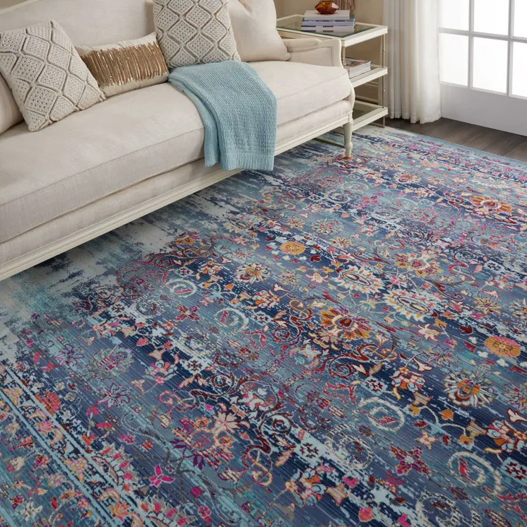 8' X 10' Blue Red And Orange Floral Distressed Non Skid Area Rug